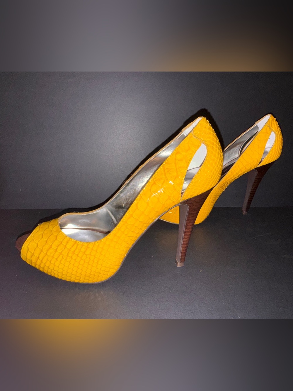 Steven by Steve Madden Vibrant Yellow โBlazzinโ Snakeskin Pattern Peep-Toe Heels